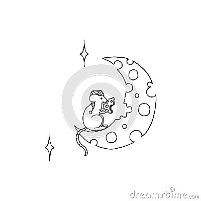 Vector llustration of cute mouse eating moon shaped of cheese. Black and white tattoo art Vector Illustration