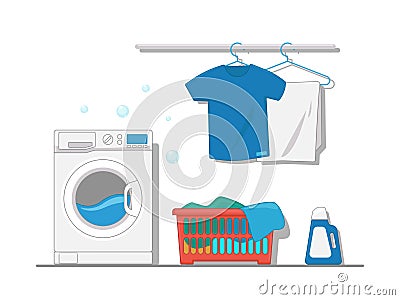 Vector llustration of interior equipment of laundry room with washing machine, hanger, clean clothes, laundry basket. Vector Illustration
