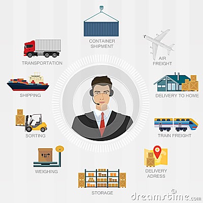 Vector logistics manager agent concept. Delivery cargo system vector service illustration. Vector Illustration