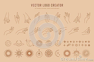 Vector logo creator of linear hand gestures, moon phases, stars, sun and planets. Design elements set isolated on pastel Vector Illustration