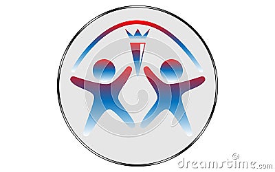 Vector logo depicting two person figures with arms outstretched and legs apart with a torch in the middle and an arc Vector Illustration