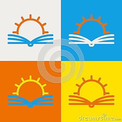 Vector logo design template. Abstract line sun and open book. Education, library, school, university, knowledge icon concept. Vector Illustration