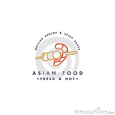 Vector logo design template and emblem or badge. Asian food - asain kebab with shrimp. Linear logos, gold and red color. Vector Illustration