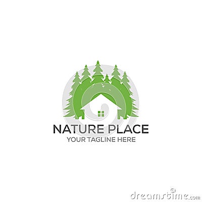Vector logo design template of pine trees and house that made from a simple scratch. it`s good for symbolize a property or housin Vector Illustration