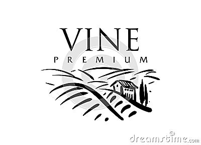 Vector logo drawn by hand. Landscape of vineyards for making wine Vector Illustration