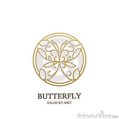 Vector logo or emblem with golden butterfly. Concept for luxury jewelry, accessories store, beauty spa salon, cosmetics. Vector Illustration