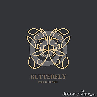 Vector logo or emblem with golden butterfly. Concept for luxury jewelry, accessories store, beauty spa salon, cosmetics. Vector Illustration