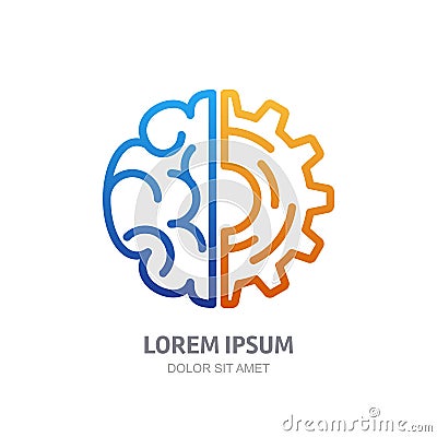 Vector logo icon with brain and gear cog. Vector Illustration