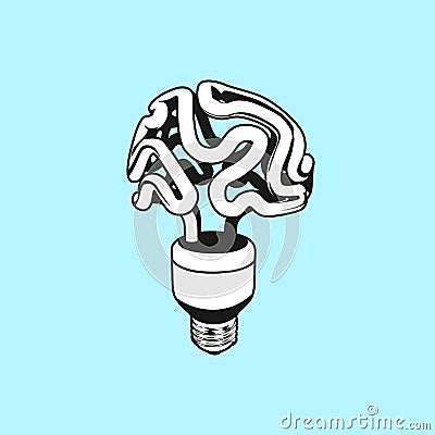 Vector logo icon, emblem with brain and light bulb. Abstract flat linear illustration. Design concept for start up, business Cartoon Illustration