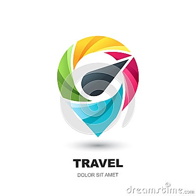 Vector logo icon with compass pin map. Geo point location marker. Concept for vacation, travel and tourism business. Vector Illustration