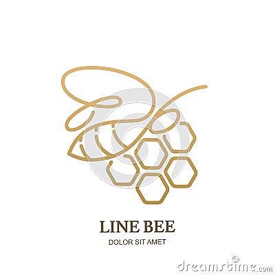 Vector logo icon or emblem with golden honeybee and honeycombs. Abstract design template. Outline bee illustration. Vector Illustration