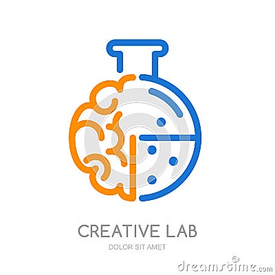 Vector logo, icon, symbol with brain and lab flask. Vector Illustration