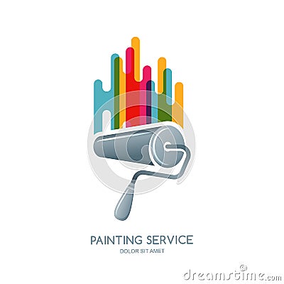 Vector logo, label or emblem design element. Paint roller and multicolor paints isolated icon. Vector Illustration