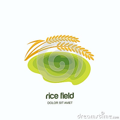 Vector logo, label, emblem with green rice terrace field. Farm landscape and yellow rice grains, isolated illustration. Vector Illustration