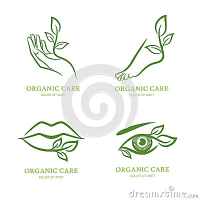 Vector logo, label, emblem set. Female hand, foot, eye, lips with green leaves, . Vector Illustration