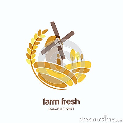 Vector logo, label, emblem with wheat, barley, or rye ears and windmill in field. Vector Illustration