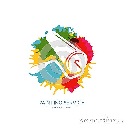 Vector logo, label, icon or emblem design element. Paint roller on watercolor paints splash background. Vector Illustration
