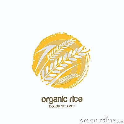 Vector logo, label or package emblem with rice, wheat, rye grains. Asian agriculture, cereal products, bread and bakery Vector Illustration