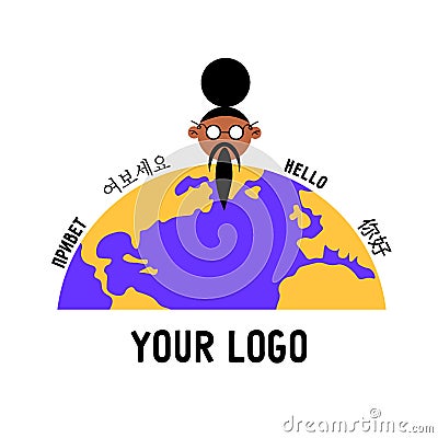 Vector logo for the language school. Flat vector funny wise old man and planet Earth with different languages. Vector Illustration