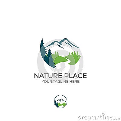 Vector logo of nature abstract elements. Round sacred symbol. Outline icon of landscape, mountains and river Vector Illustration