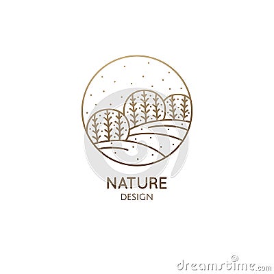 Vector logo of nature in linear style. Outline icon of winter landscape with trees,sun,fields,snow - business emblems Vector Illustration