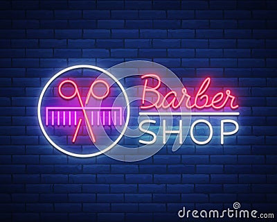 Vector logo neon sign barber shop for your design. For a label, a sign, a sign or an advertisement. Hipster Man Vector Illustration