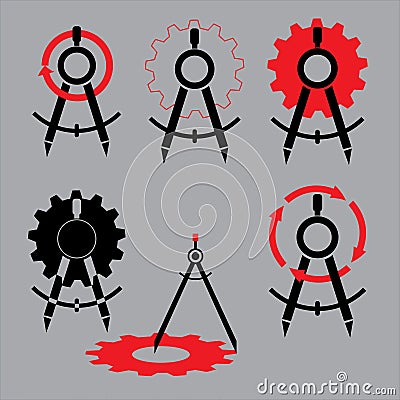 Vector logo set of gear, arrows and drawing compass icons Vector Illustration