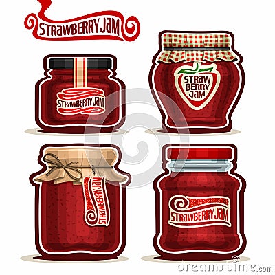 Vector logo Strawberry Jam in glass Jars Vector Illustration