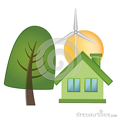 Green house and tree on ecological landscape Vector Illustration
