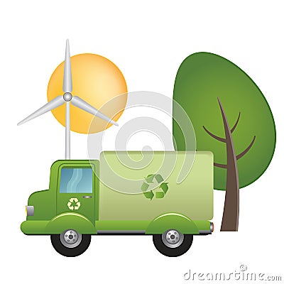 Green truck of recycling on ecological landscape Vector Illustration
