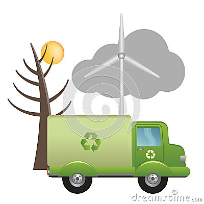 Green truck of recycling on ecological landscape Vector Illustration