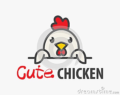 Vector Logo of Ñute funny smiling cartoon chicken. Modern humorous logo template with image of the rooster. Poultry farm logo. Vector Illustration