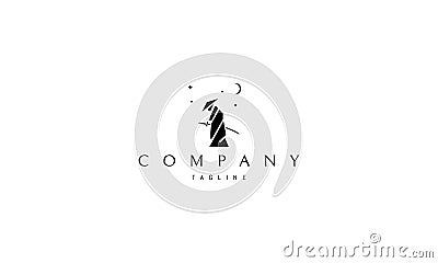 Vector logo on which an abstract image of a samurai composed of geometric shapes under the stars. Vector Illustration