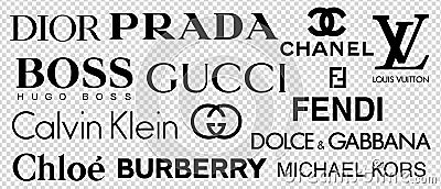 Vector logos of popular brands such as: Chanel, Louis Vuitton, Prada, Gucci, Fendi, Chloe. Logos on transparent background for Vector Illustration