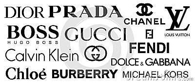 Vector logos of popular brands such as: ZARA, H&M, Prada, Gucci, Adidas, Nike, Next, Hugo Boss, Calvin Klein. Logos on an isolated Vector Illustration