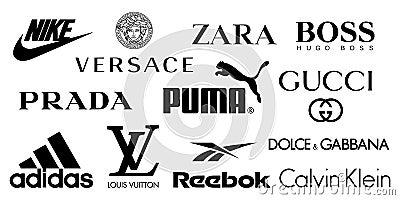 Vector logos of popular clothing brands such as: Chanel, Louis Vuitton, Prada, Gucci, Fendi, Hugo Boss, Calvin Klein, Nike, Reebok Vector Illustration