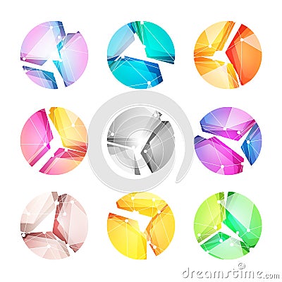 Vector logos set, putting together abstract geometric bright and colored shapes. Technology logo, digital world and Vector Illustration