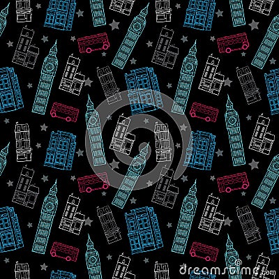 Vector London Symbols Black Seamless Pattern With Big Ben Tower, Double Decker Bus, Houses and Stars. Vector Illustration