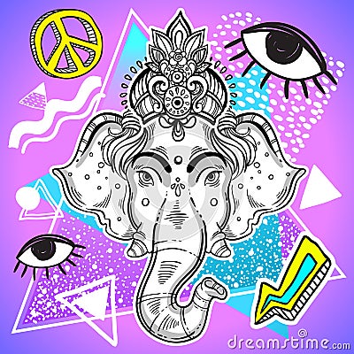 Vector Lord Ganesha over colorful vintage background. Beautifully detailed retro artwork. 80s and 90s style. Psychedelic. Vector Illustration