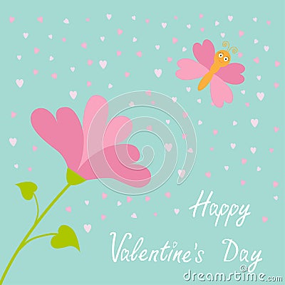 Vector love card. Heart flower Flying butterfly. Happy Valentines Day card. Flat design. Blue sky background. Vector Illustration