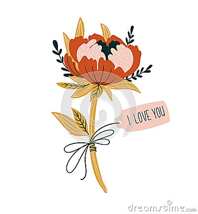 Vector love card with peony and tag `I love you`. Vector hand drawn element for valentine`s day. Vector Illustration