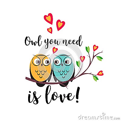 Vector love couple owls with hearts on a tree branch. An insulated design white background for Valentine s day Vector Illustration