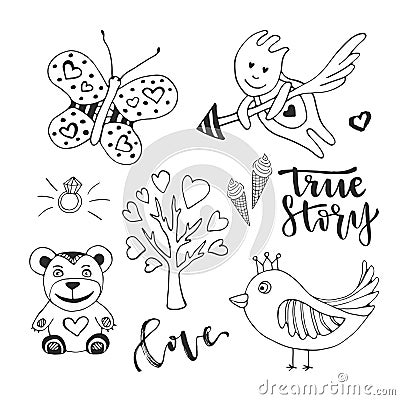 Vector love day set of cute doodle sketch design elements. Cupid, bird, butterfly and love tree vector hand drawn Vector Illustration