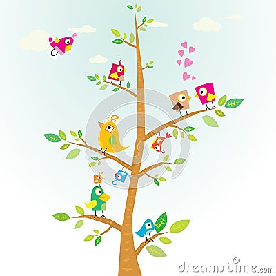 Vector lovely Birds on branch Vector Illustration