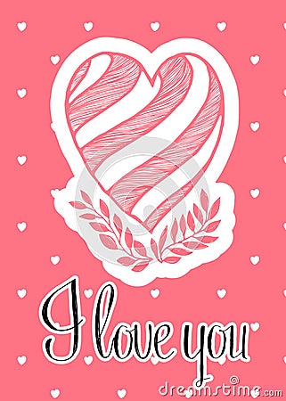 Vector lovely card template with striped heart and tree branch Vector Illustration