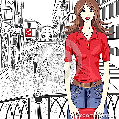 Vector lovely fashion girl on a Venice background Vector Illustration