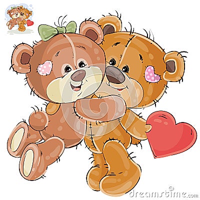 Vector loving brown teddy bear hides behind his back a valentine, and his girlfriend hugs him by the neck Vector Illustration