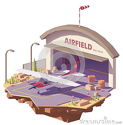 Vector low poly airfield with hangar and airplane Vector Illustration