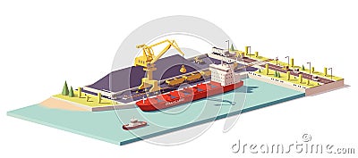 Vector low poly coal terminal and bulk carrier Vector Illustration