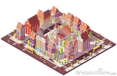 Vector low poly isometric old city center Vector Illustration